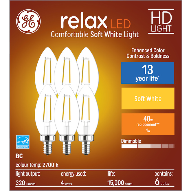 GE Relax HD Soft White 40W Replacement LED Decorative Clear Blunt Tip Candelabra Base BC Light Bulbs (6-Pack)