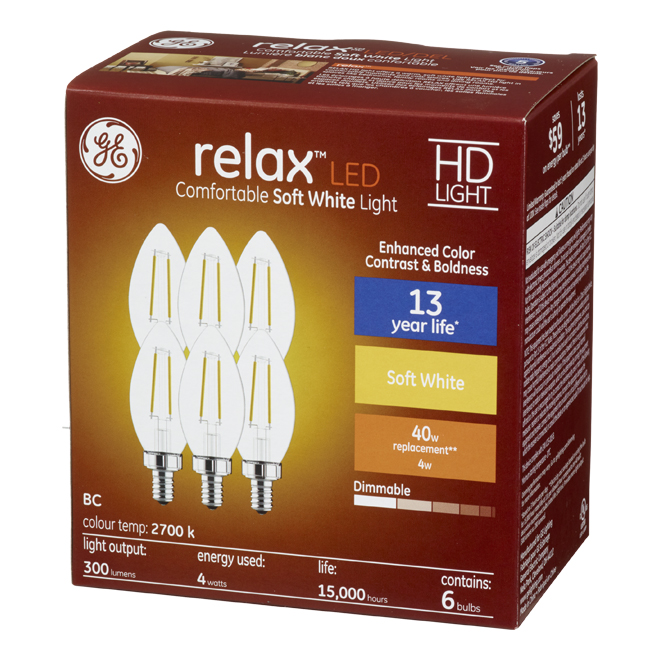 GE Relax HD Soft White 40W Replacement LED Decorative Clear Blunt Tip Candelabra Base BC Light Bulbs (6-Pack)