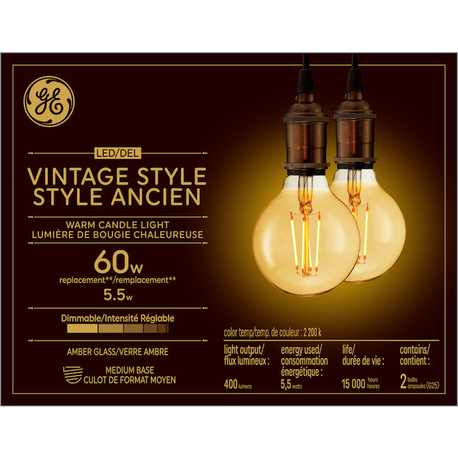 GE Vintage Warm Candle Light 60W Replacement LED Amber Finish Straight Filament Globe G25 Light Bulbs (2-Pack)