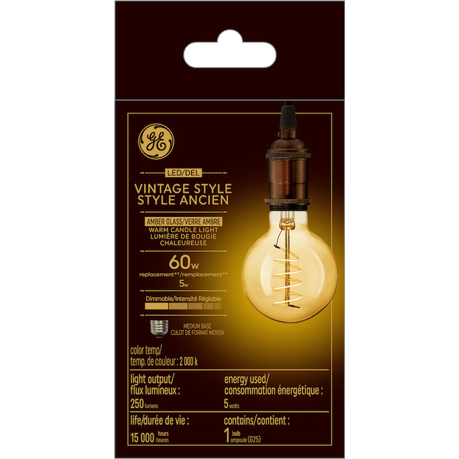 Ampoule de remplacement globe 60W de GE ambrée de style ancien chaude lueur de chandelles à filament en spirale G25