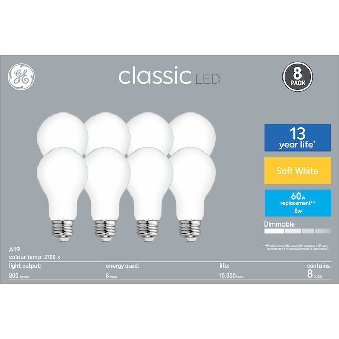 Image of GE | Soft White 60W Replacement LED General Purpose A19 Bulbs - Medium Base (8-Pack) | Rona