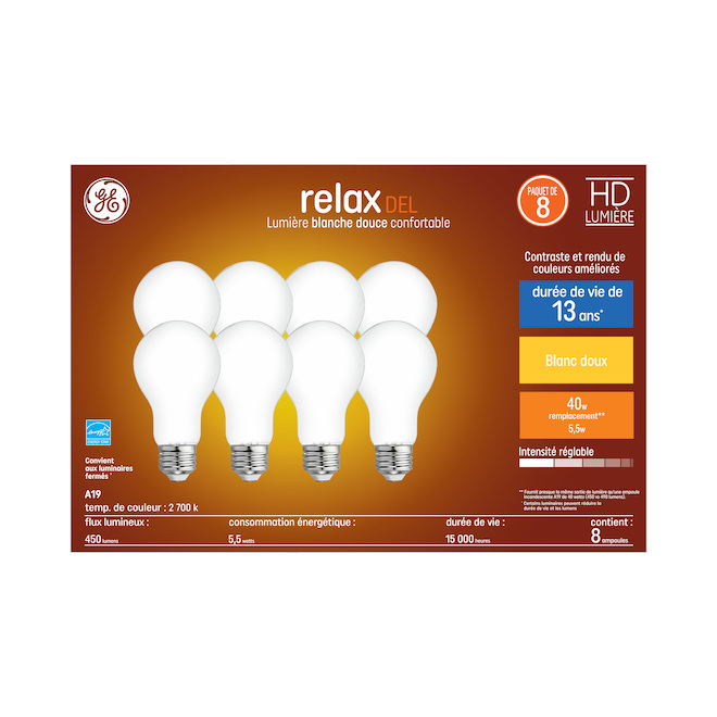 Ampoules de remplacement DEL blanc doux HD RELAX de GE A19 de 40 W, pour un éclairage d'intérieur courant (paquet de 8)