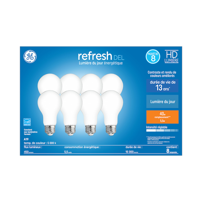 Ampoules de remplacement DEL lumière du jour REFRESH de GE A19 de 40 W, usage général (paquet de 8)