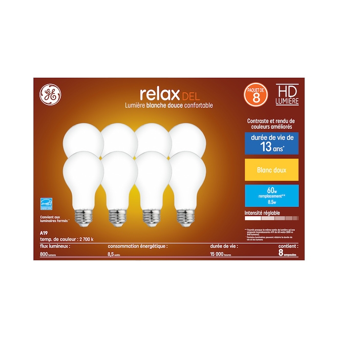 Ampoules de remplacement DEL blanc doux HD RELAX de GE A19 de 60 W, pour un éclairage d'intérieur courant (paquet de 8)