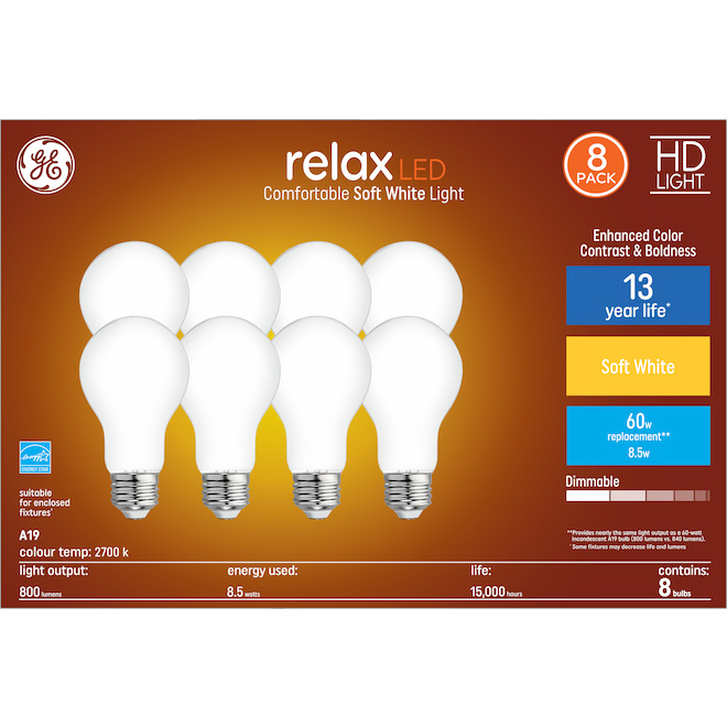 GE Relax HD Soft White 60W Replacement LED General Purpose A19 Bulb (8-Pack)