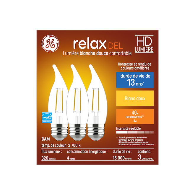 Ampoules de remplacement DEL blanc doux HD RELAX de GE de 40 W avec pointe courbée et culot candélabre CAM moyen (3/pqt)