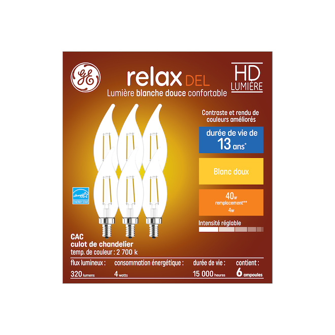 Ampoules de remplacement DEL blanc doux HD RELAX de GE de 40 W à pointe courbée et culot de type candélabre CAC (6/pqt)