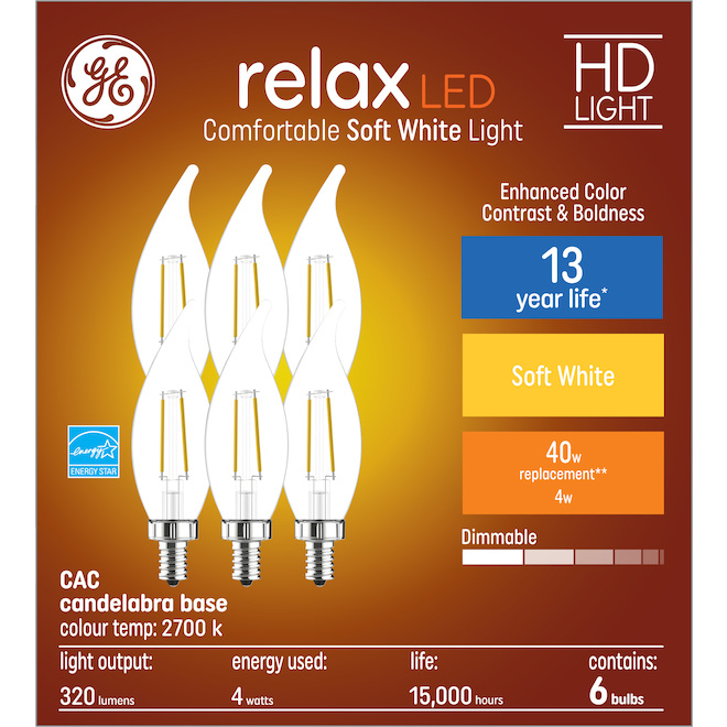 GE Relax HD Soft White 40W Replacement LED Decorative Clear Bent Tip Candelabra Base CAC Bulbs (6-Pack)