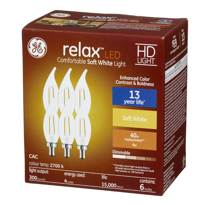 GE Relax HD Soft White 40W Replacement LED Decorative Clear Bent Tip Candelabra Base CAC Bulbs (6-Pack)