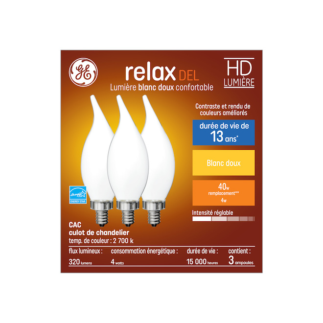 Ampoules de remplacement DEL blanc doux HD RELAX de GE de 40 W à pointe courbée et culot de type candélabre CAC (3/pqt)