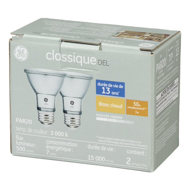 Ampoules DEL GE, PAR20, 7 W, 2/pqt, blanc chaud