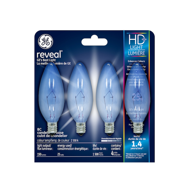 Ge Reveal Hd Colour Enhancing 25w Incandescent Decorative Candelabra Base Bc Light Bulbs 4 Pack 93117528 Rona - Best Decorative Light Bulbs