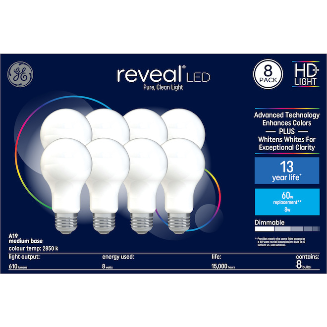 GE Reveal HD+ Colour-Enhancing 60W Replacement LED General Purpose A19 Light Bulbs (8-Pack)