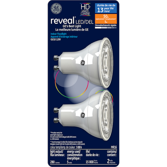 Ampoules de remplacement DEL HD  de GE GU10 de 50 W culot MR16, pour les appareils d'éclairage intérieur (paquet de 2)