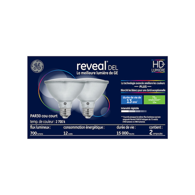 Ampoules de remplacement DEL HD, rendu de couleur amélioré REVEAL GE 75W PAR30, appareils d'éclairage intérieur (2/pqt)