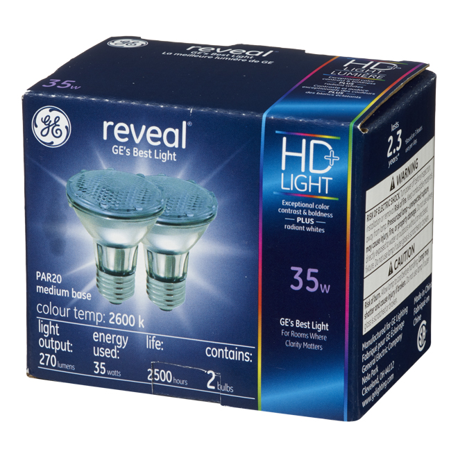 GE Reveal HD+ Colour-Enhancing 35W Halogen Dimmable Indoor Floodlight PAR20 Light Bulb (2-Pack)