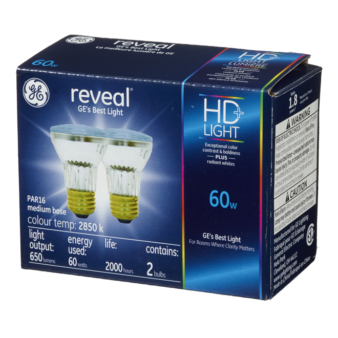 GE Reveal HD+ Colour-Enhancing 60W Halogen Dimmable Indoor Floodlight PAR16 Light Bulbs (2-Pack)