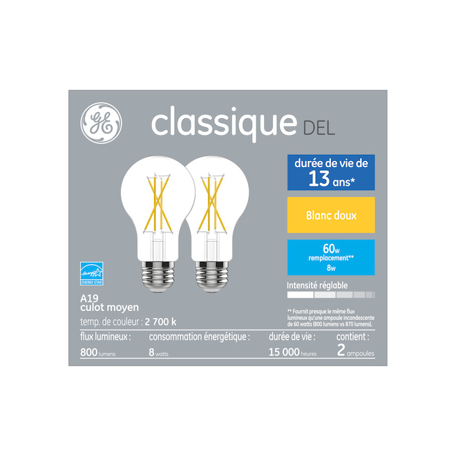 Ampoules de remplacement A19 classiques à DEL transparentes à usage général par GE, blanc doux, de 60 W (paquet de 2)