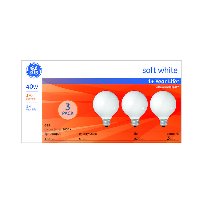 GE Soft White 40W Incandescent Decorative Globe G25 Light Bulb (3-Pack)