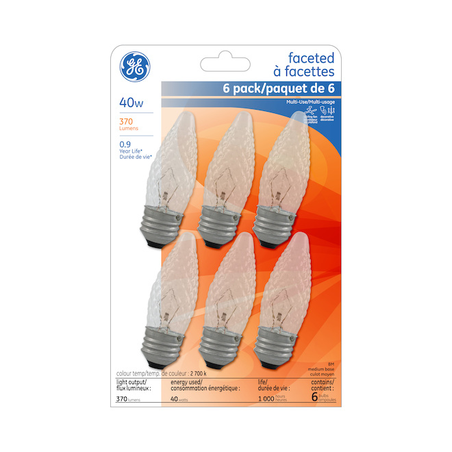 GE Soft White 40W Incandescent Faceted Clear Blunt Tip Medium Base BM