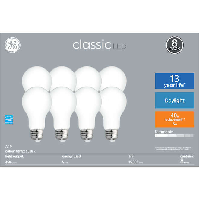 Image of GE | Daylight 40W Replacement LED General Purpose A19 Light Bulbs (8-Pack) | Rona