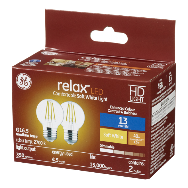 GE Relax HD Soft White 40W Replacement LED Decorative Clear Globe Medium Base G16.5 Light Bulbs (2-Pack)