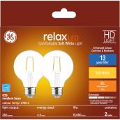 GE Relax HD Soft White 40W Replacement LED Decorative Clear Globe Medium Base G25 Light Bulbs (2-Pack)