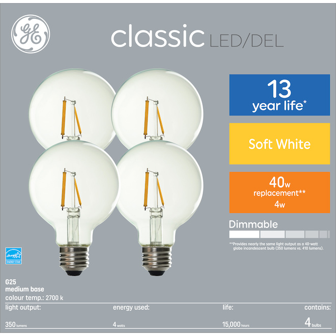 GE Classic Soft White LED 40 W Replacement Clear Decorative Globe Medium Base G25 Light Bulbs (4-Pack)