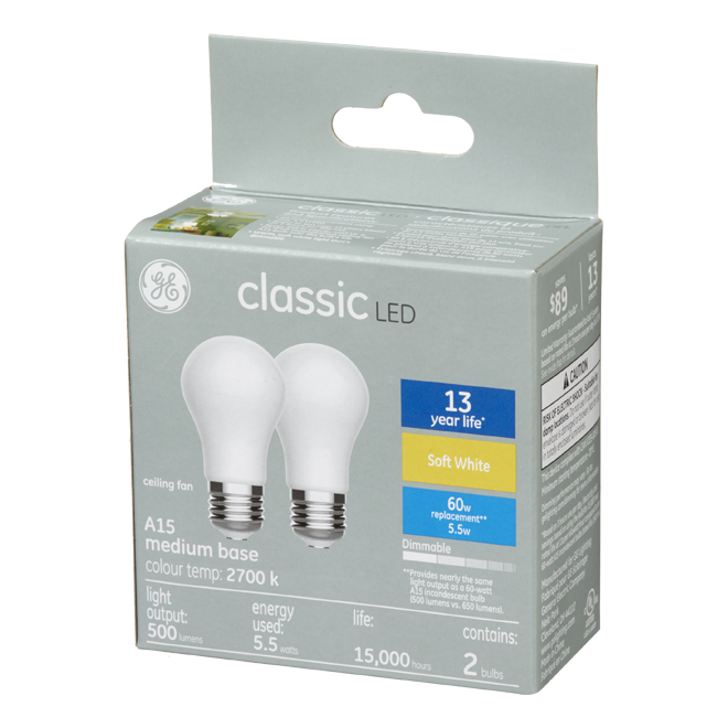 GE Soft White 60W Replacement LED White Ceiling Fan Medium Base A15 Light Bulbs (2-Pack)