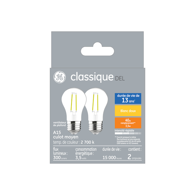 Ampoules blanc doux A15 à DEL de 40W par GE, culot moyen, paquet de 2