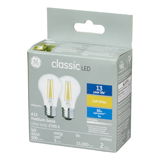 GE Classic Soft White 60 W Replacement LED Clear Ceiling Fan Medium Base A15 Light Bulbs (2-Pack)