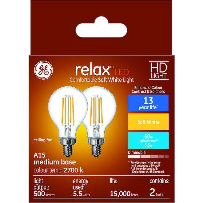 GE Relax HD Soft White 60W Replacement LED Clear Ceiling Fan Candelabra Base Clear A15 Light Bulbs (2-Pack)