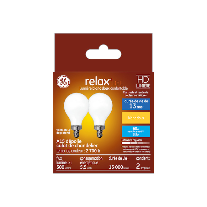 Ampoules de remplacement DEL blanc doux HD RELAX de GE de 60 W pour ventilateur de plafond, culot candélabre A15 (2/pqt)