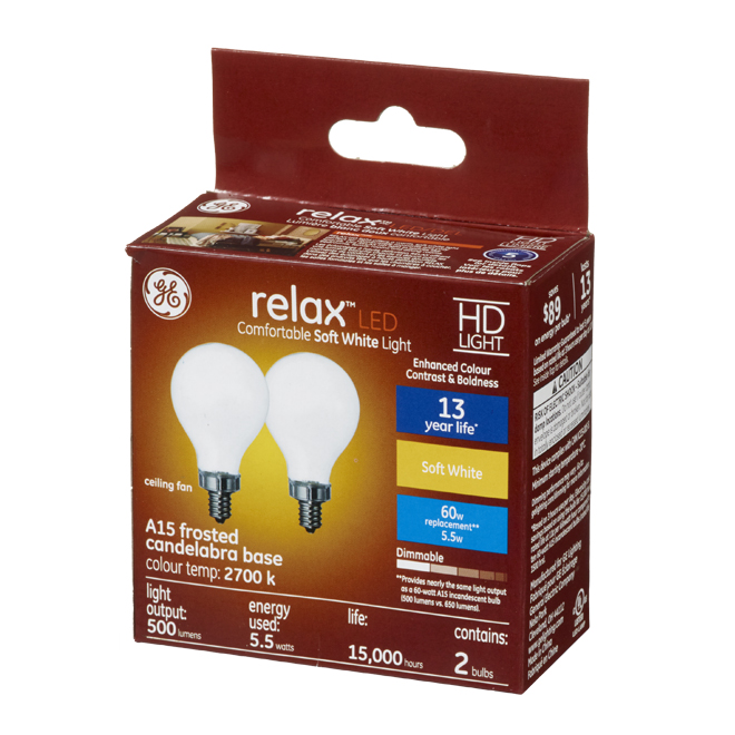 GE Relax HD Soft White 60W Replacement LED Ceiling Fan Candelabra Base White A15 Light Bulbs (2-Pack)