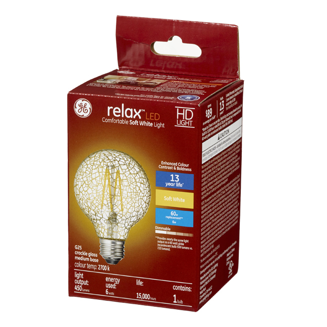 GE Relax HD Soft White 60W Replacement LED Decorative Crackle Glass Globe Medium Base G25 Light Bulbs (1-Pack)