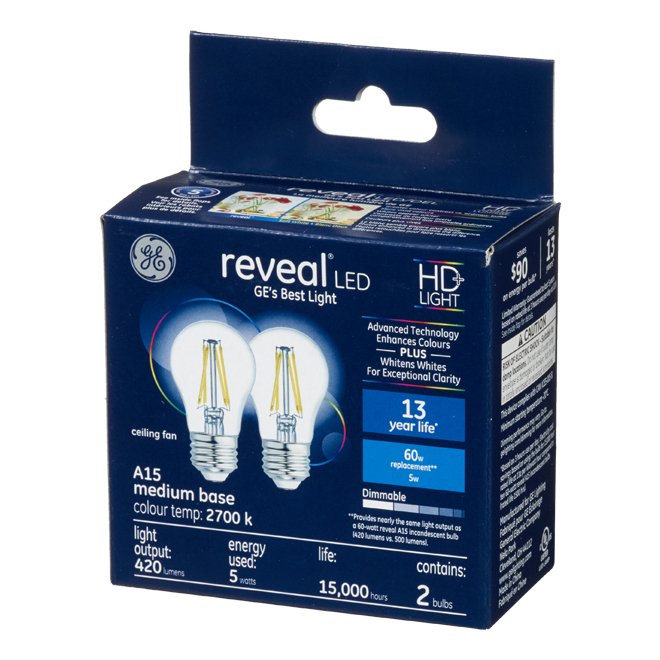 GE Reveal HD+ Colour-Enhancing 60W Replacement LED Clear Ceiling Fan Medium Base A15 Light Bulbs (2-Pack)