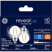 GE Reveal HD+ Colour-Enhancing 40W Replacement LED Decorative Clear Globe Candelabra Base G16.5 Light Bulb (2-Pack)