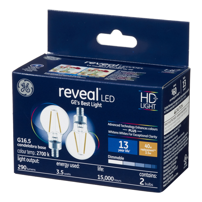 GE Reveal HD+ Colour-Enhancing 40W Replacement LED Decorative Clear Globe Candelabra Base G16.5 Light Bulb (2-Pack)