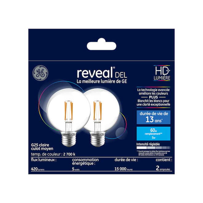 Ampoules de remplacement DEL HD et rendu de couleur amélioré REVEAL de GE 60 W décoratives avec culot moyen G25 (2/pqt)