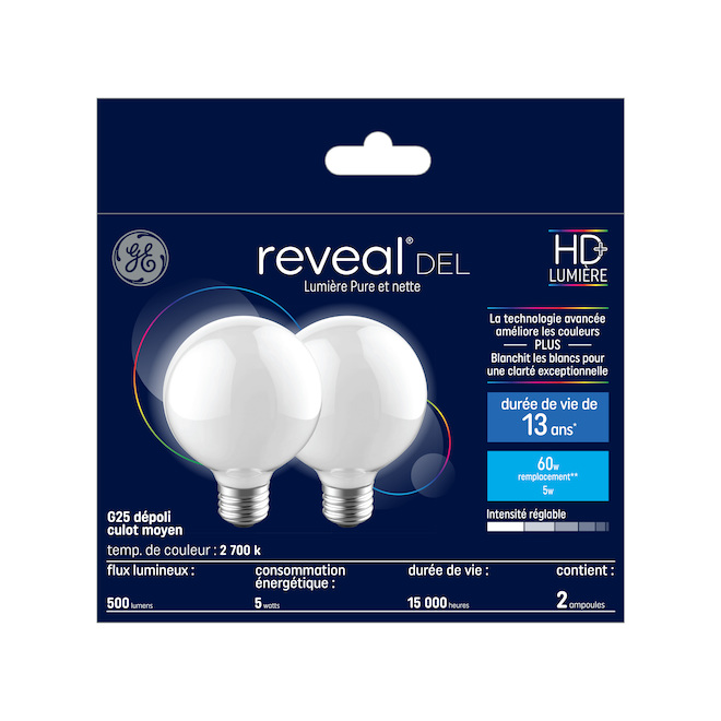 Ampoules de remplacement DEL HD et rendu de couleur amélioré REVEAL de GE 60 W décoratives avec culot moyen G25 (2/pqt)