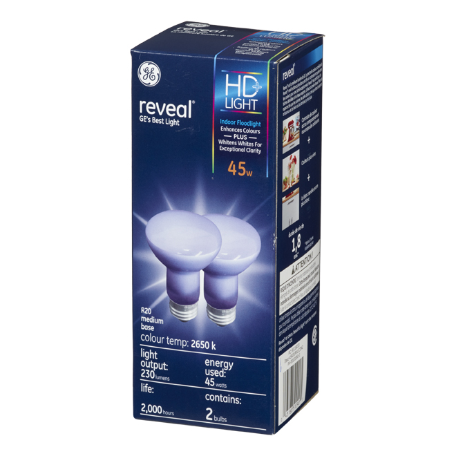 GE Reveal HD+ Colour-Enhancing 45W Incandescent Indoor Floodlight R20 Light Bulb (2-Pack)