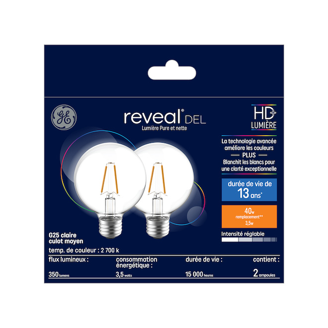 Ampoules de remplacement DEL HD REVEAL de GE de 40 W décoratives transparentes avec culot moyen G25 (paquet de 2)