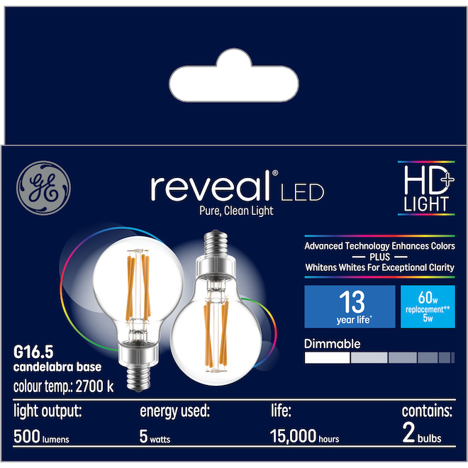 GE Reveal HD+ Colour-Enhancing 60W Replacement LED Decorative Clear Globe Candelabra Base G16.5 Bulb (2-Pack)