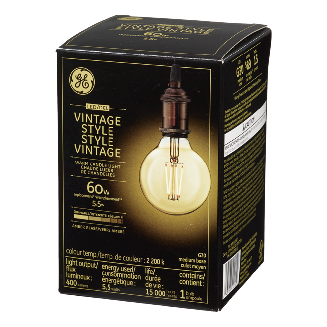 GE Vintage 60W Replacement LED Light Bulbs Decorative Amber Globe Medium Base G30 (1-Pack)