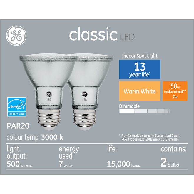 GE Warm White 50W Replacement LED Indoor Floodlight PAR20 Light Bulbs (2-Pack)