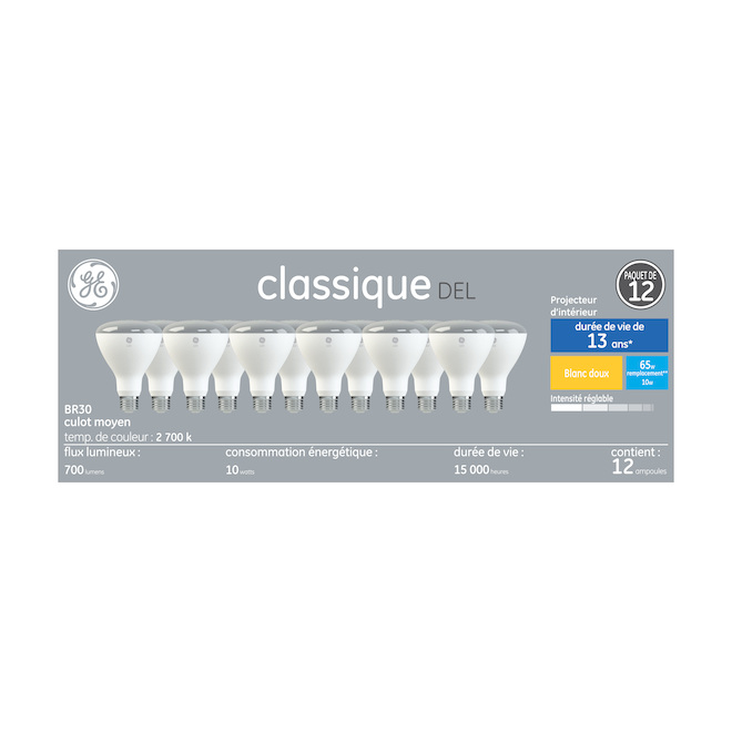 Ampoules classique DEL BR30 pour projecteurs d'intérieur de GE à culot moyen, 65 W, blanc doux, paquet de 12