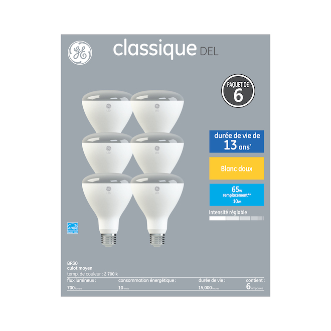 Ampoules classique DEL BR30 pour projecteurs d'intérieur de GE à culot moyen, 65 W, blanc doux, paquet de 6