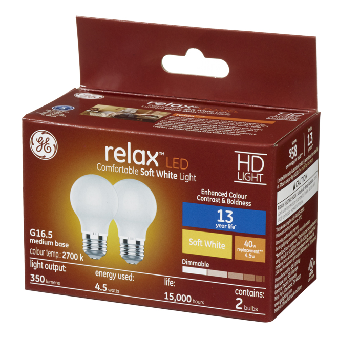 GE Relax HD Soft White 40W Replacement LED Decorative Globe White Medium Base G16.5 Light Bulbs (2-Pack)