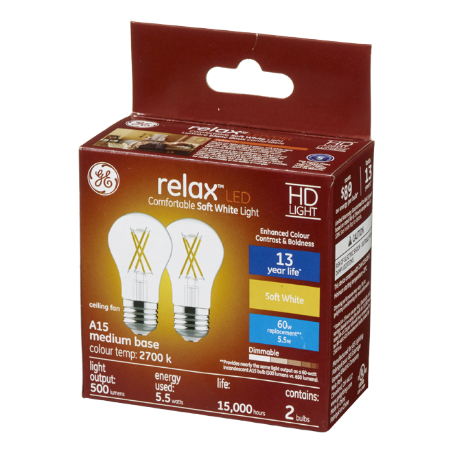 GE Relax HD Soft White 60W Replacement LED Clear Ceiling Fan Medium Base A15 Light Bulbs (2-Pack)