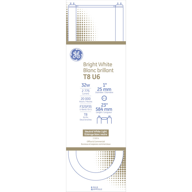 Ampoule fluorescente T8 U6 23 po de GE à coude en U 32 W blanc brillant